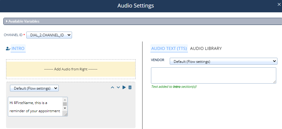 The Audio Settings pop-up window with text-to-speech input added to the introduction